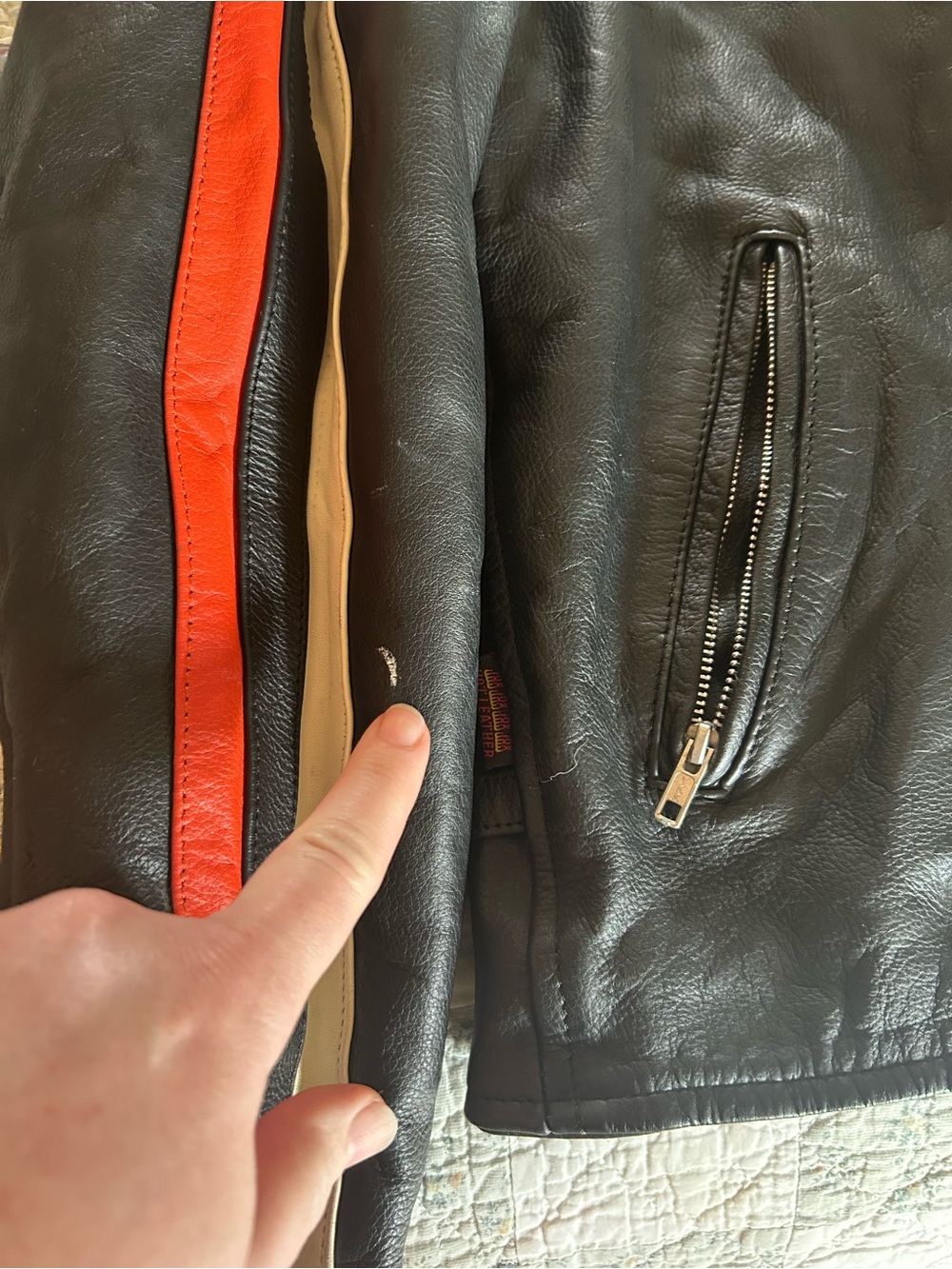 Men's Black Leather Bomber Jacket with Red & Cream Shoulder Stripes - Picture 2 of 5